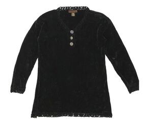 Yarn Works Whimsigoth Black Chenille Lace Trim Button Up Plush Grunge Sweater S